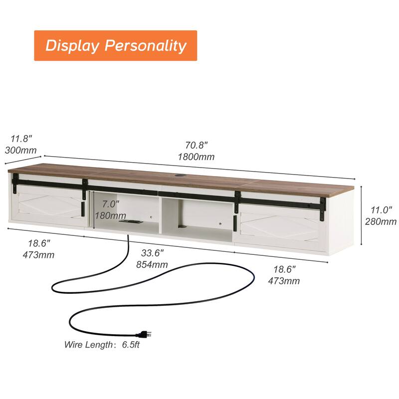 Sliding Barn Door Floating TV Stand with Charging Station