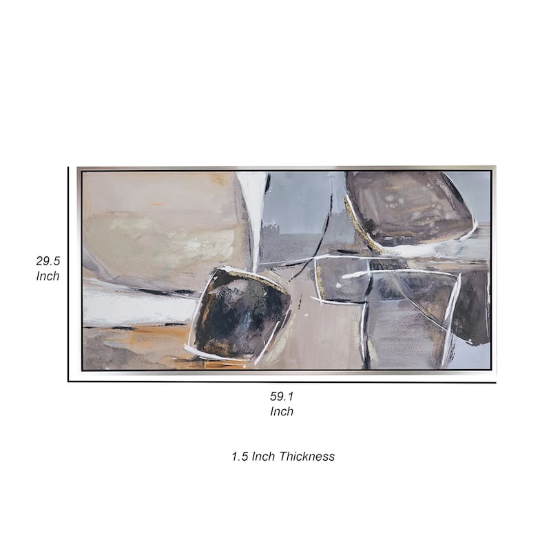 30 x 59 Abstract Oil Painting, Rectanglular Poly Canvas, Wood, Beige, Gray