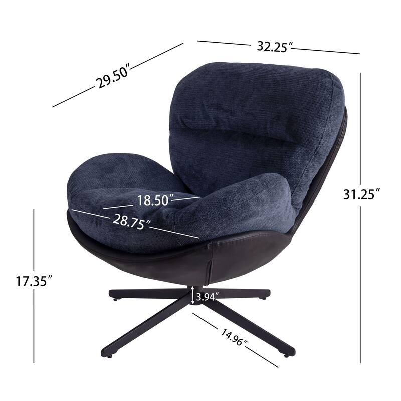 360° Swivel Accent Chair, Modern Chenille Lounge Chair with Faux Leather and Black Metal Base Frame, Comfortable Reading Chair