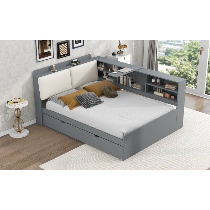 Full Size Platform Bed with Trundle, Storage Headboard, and Shelves in Gray