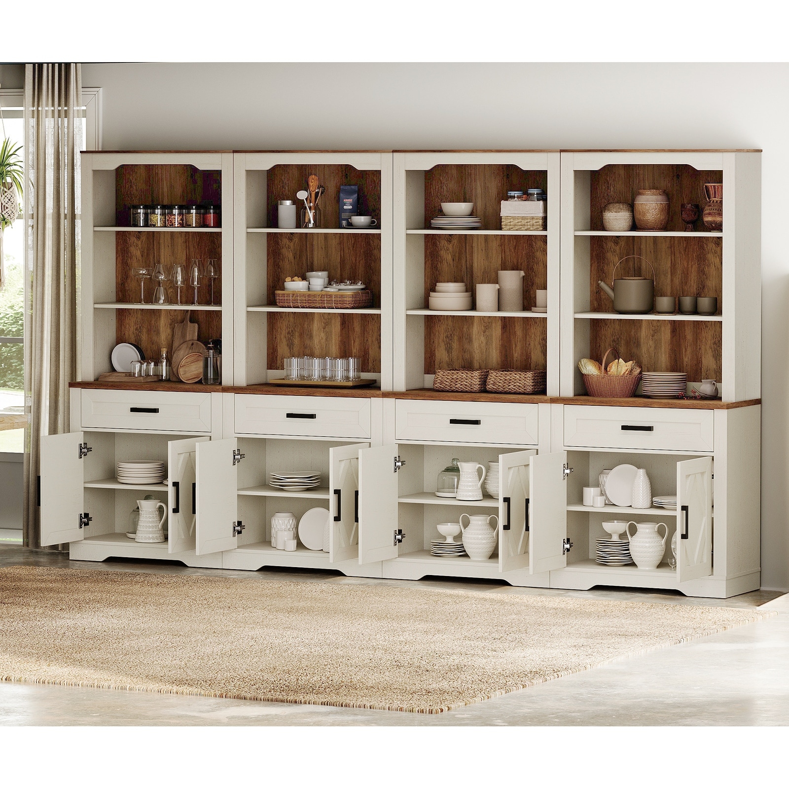5 Tier 4-Column Bookshelf Set with Open Storage and Glass Doors