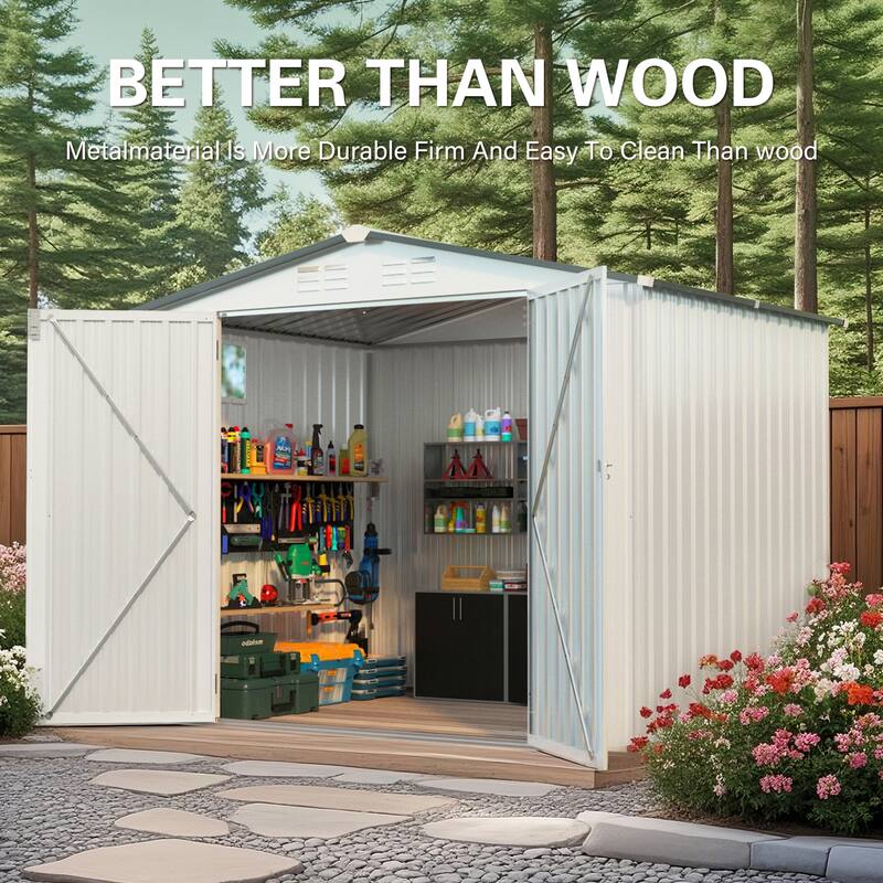 8X6 FT Metal Outdoor Storage Shed, Tool Shed with Pitched Roof Waterproof with Side Window and Lockable Door