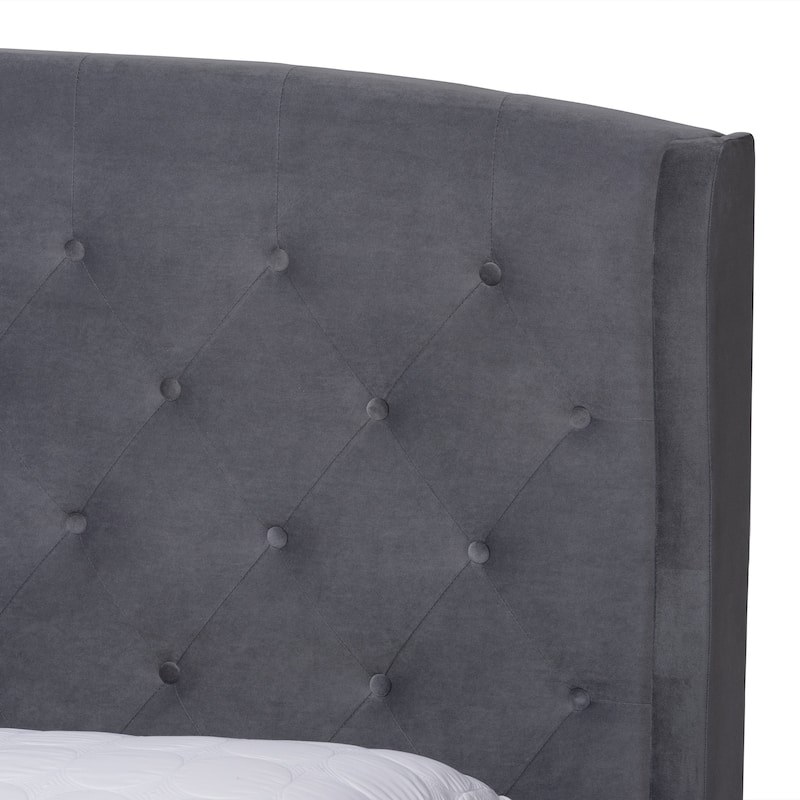 Joanna Modern and Contemporary Velvet Fabric Upholstered and Dark Brown Finished Wood Platform Bed