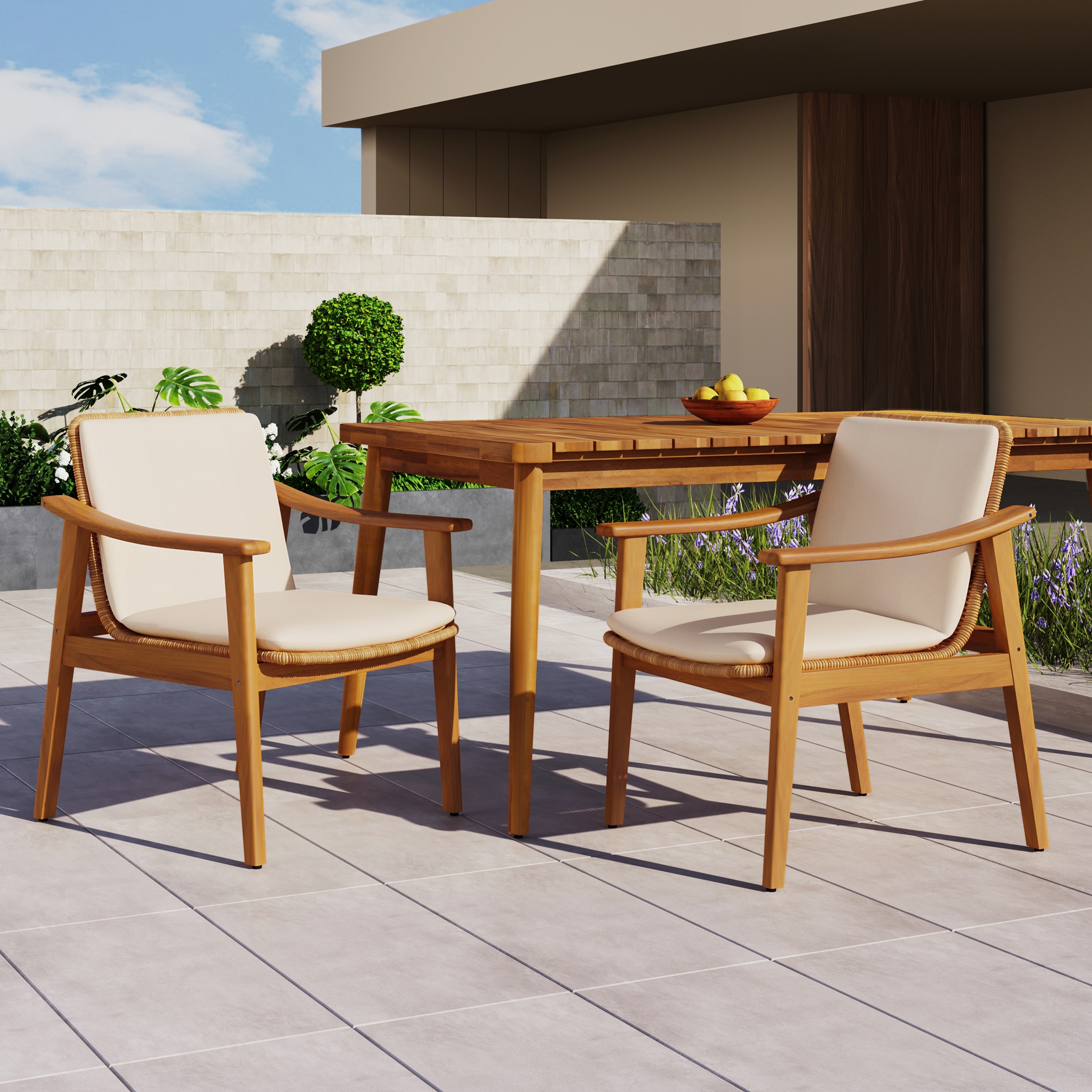 Outdoor Dining Chairs Set Of 2, Acacia Wood Frame, Pe Wicker Waterproof Cushion