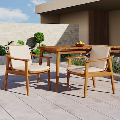 Outdoor Dining Chairs Set of 2, Teak Color Acacia Wood Frame, Brown PE Wicker, Beige Waterproof Cushion
