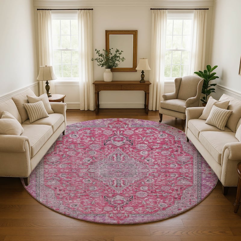 Premium Washable Super Soft Vintage Traditional Mayfield Rug - Pink - 8' x 8'
