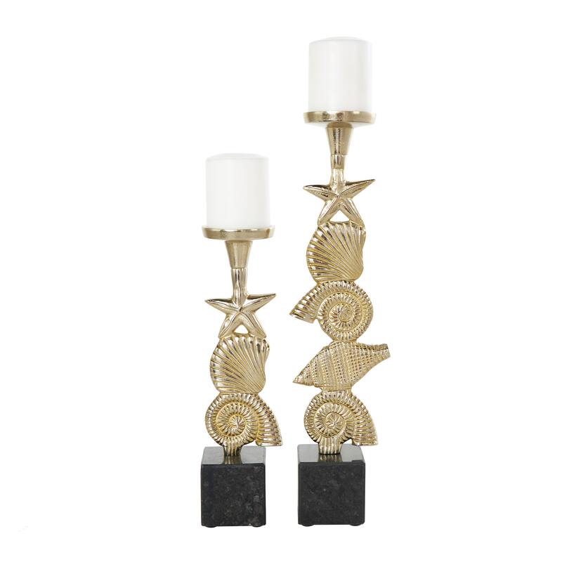 Gold or Silver Aluminum Metal Shell Candle Holder with Black Marble Bases (Set of 2)