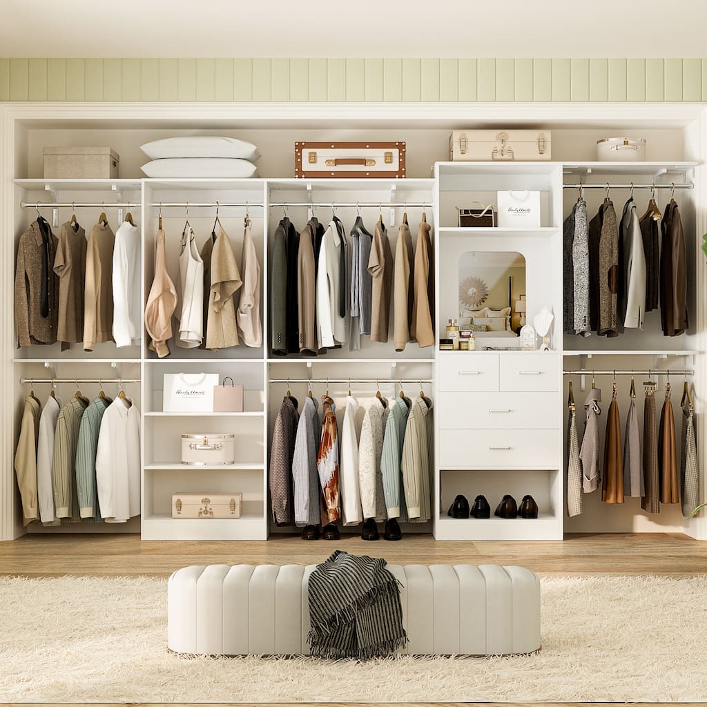 Walk-In Closet Set of 2: 45"-153" Adjustable Organizer System with 6 Extendable Rods, 4 Drawers, 6 Shelves, Mirror