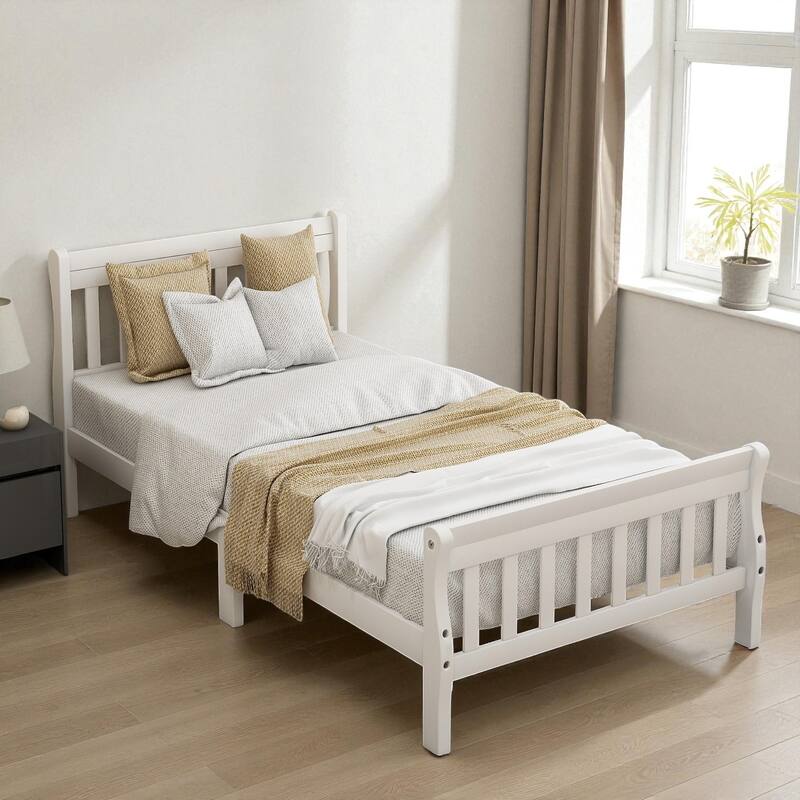 Twin Size Wood Platform Bed with Headboard and Footboard, Sleigh Panel Bed Frame with Wood Slat Support, No Box Spring Needed - White - Twin