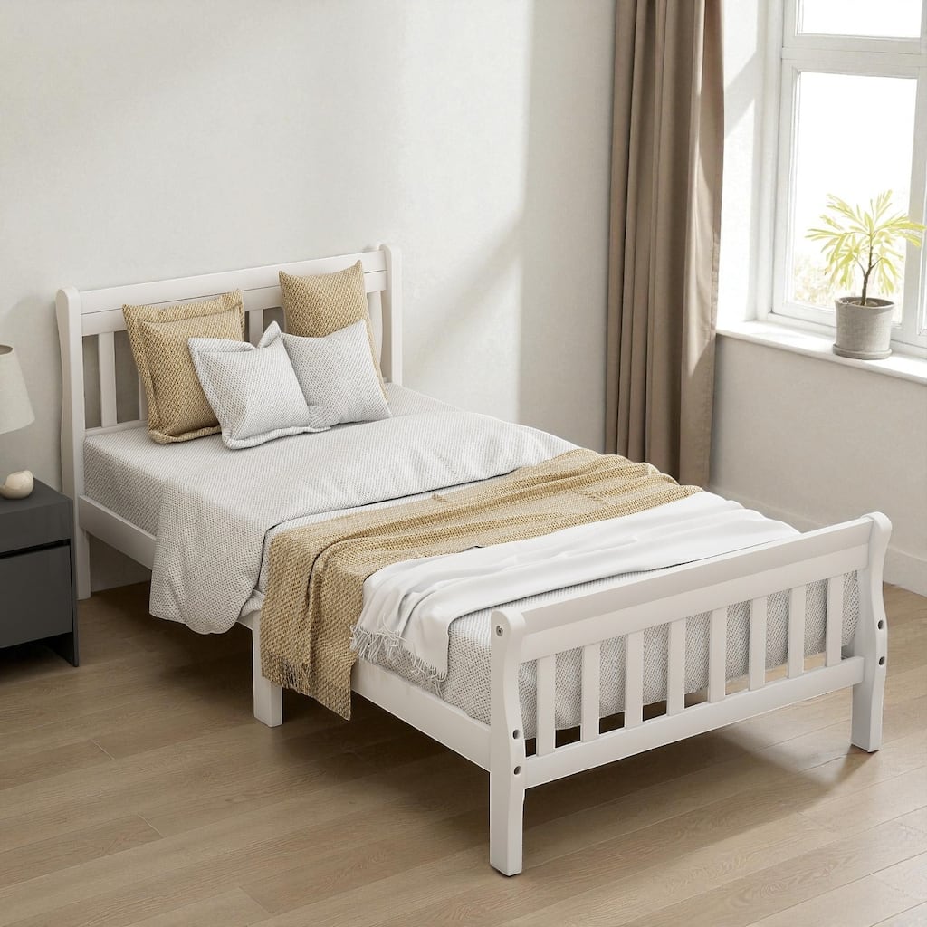 Twin Size Wood Platform Bed with Headboard and Footboard, Sleigh Panel Bed Frame with Wood Slat Support, No Box Spring Needed