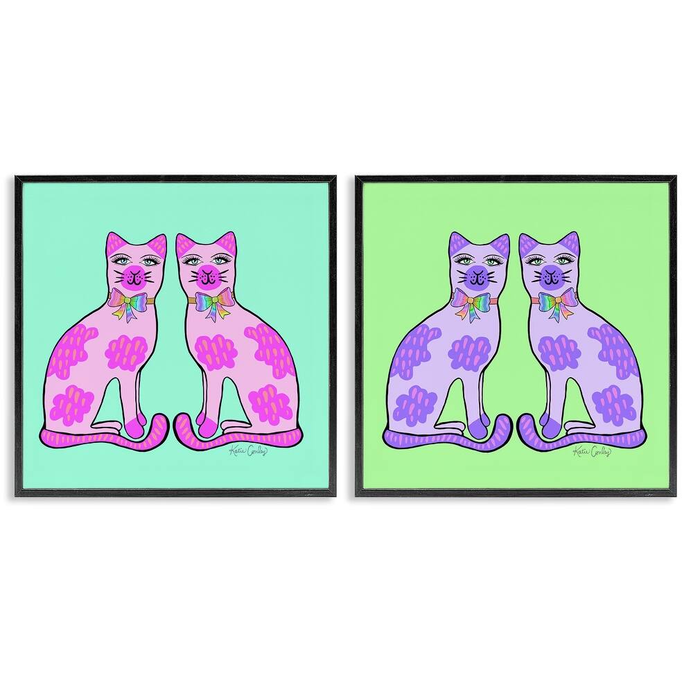 Stupell Bright Purple Cat Pairs Framed Giclee Art Design By Katie Conley (Set of 2)