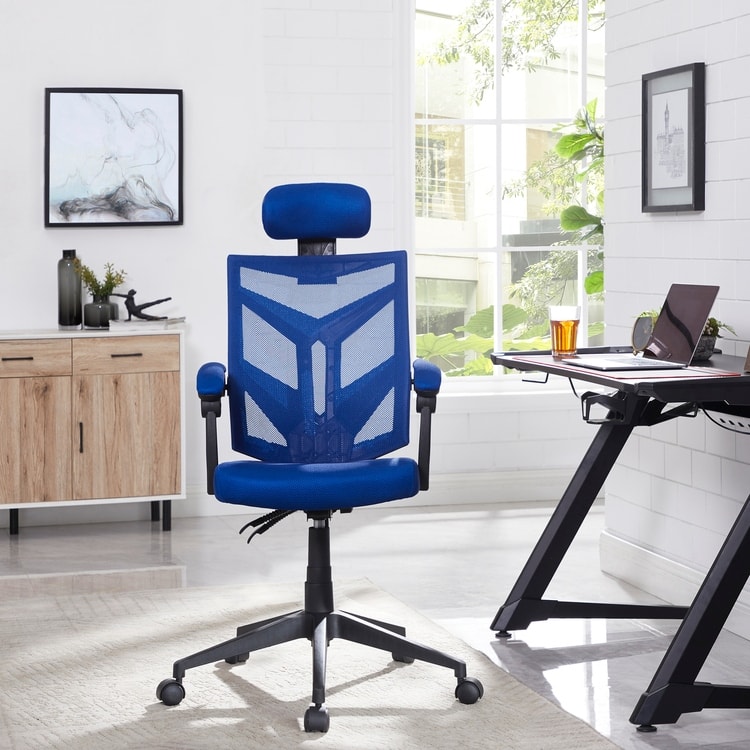 Adjustable Office Chair with Headrest Ergonomic Desk Chair High Back Mesh Office Chairs with Lumbar Support with Wheels - Blue