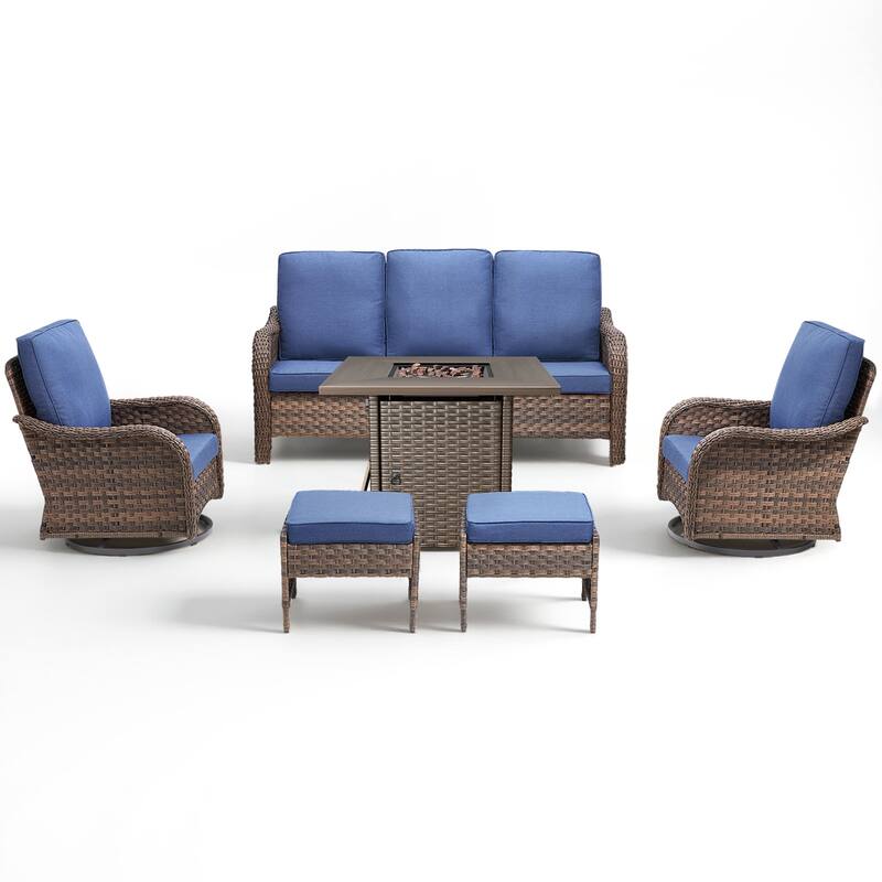 Pocassy Patio Funiture Sofa Swivel Chair Ottoman with Fire Table Set