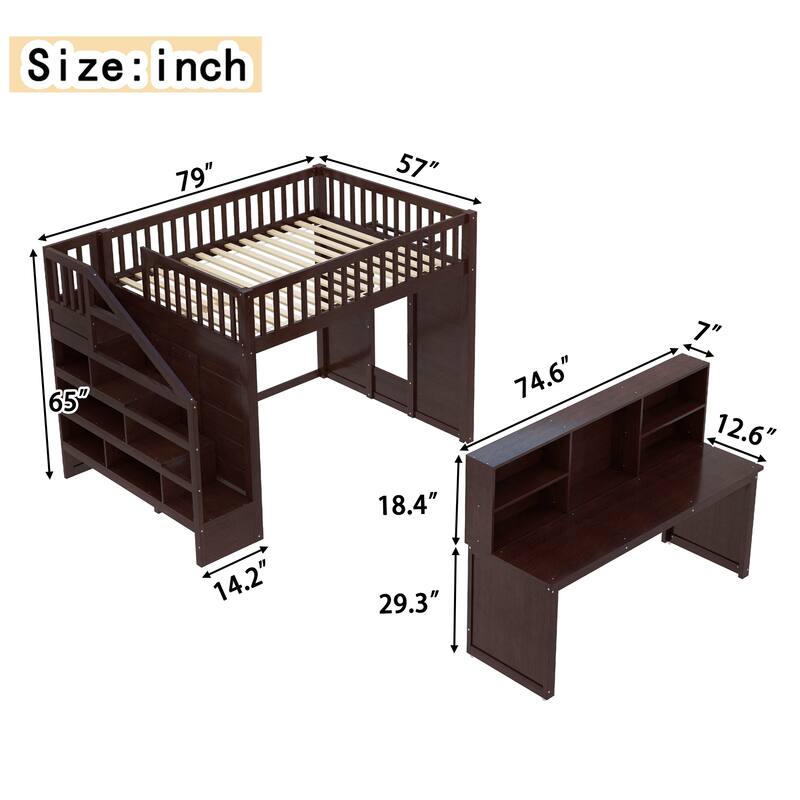 Full Size loft bed with movable desk and storage shelf, featuring storage stairs