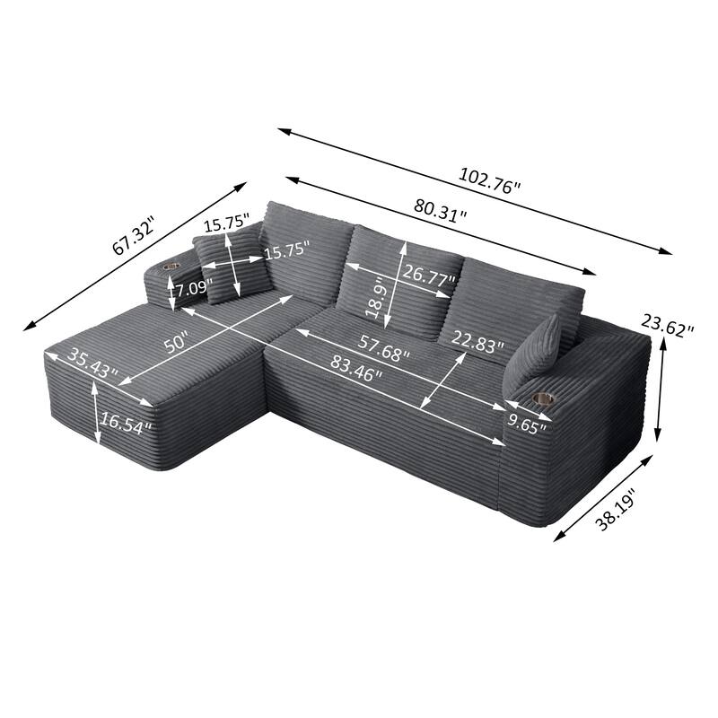 102.76" Corduroy Cloudy L Shaped Sofa with Chaise