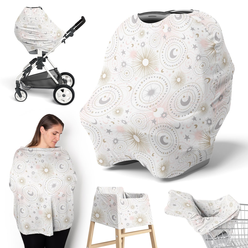 Sweet Jojo Designs Star and Moon Girl 5 in 1 Baby Car Seat Nursing Cover Pink Gold Grey Celestial Sky Stars Shabby Chic