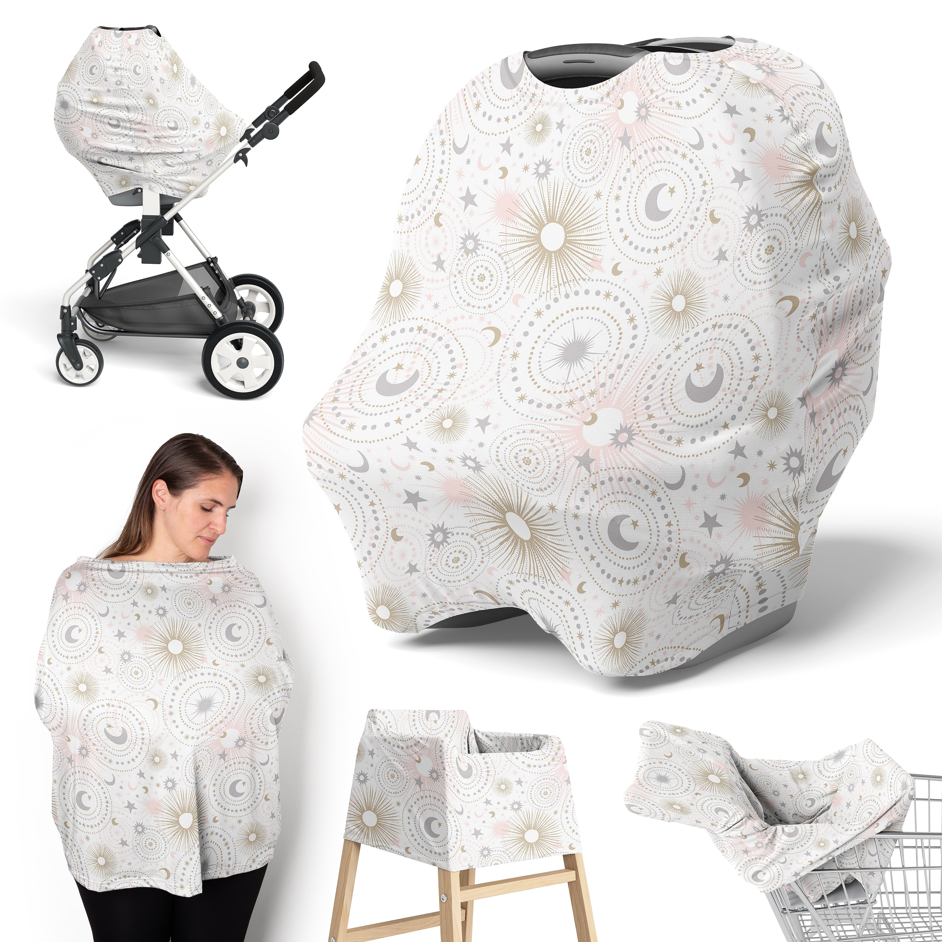 Sweet Jojo Designs Star and Moon Girl 5 in 1 Baby Car Seat Nursing Cover Pink Gold Grey Celestial Sky Stars Shabby Chic