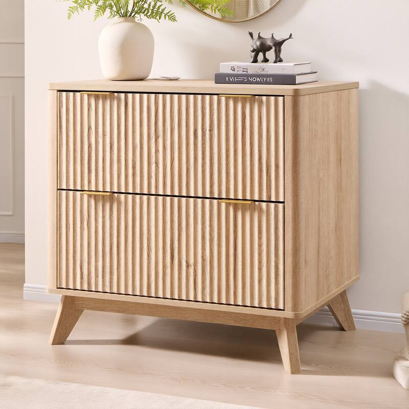 Modern Fluted 2 Drawer Lateral File Cabinet, Office Storage Cabinet - Natural Oak