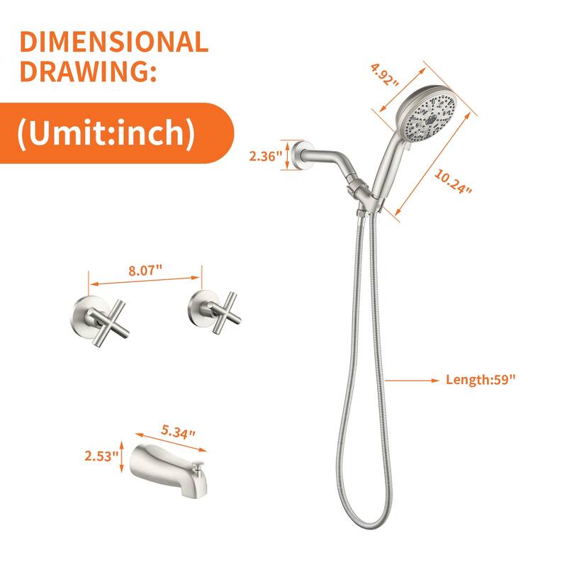 Wall Mount Shower Faucet with Tub Spout Brass 10-Setting Spray Complete Shower System with Rough-in Valve