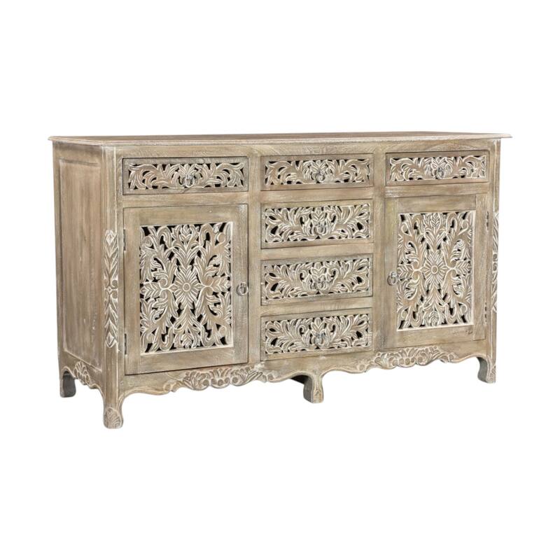 HomeRoots 66" Gray Distressed Solid Wood Carved Floral Six Drawer Sideboard with Two Doors - 66.00 in. x 36.00 in. x 20.00 in.