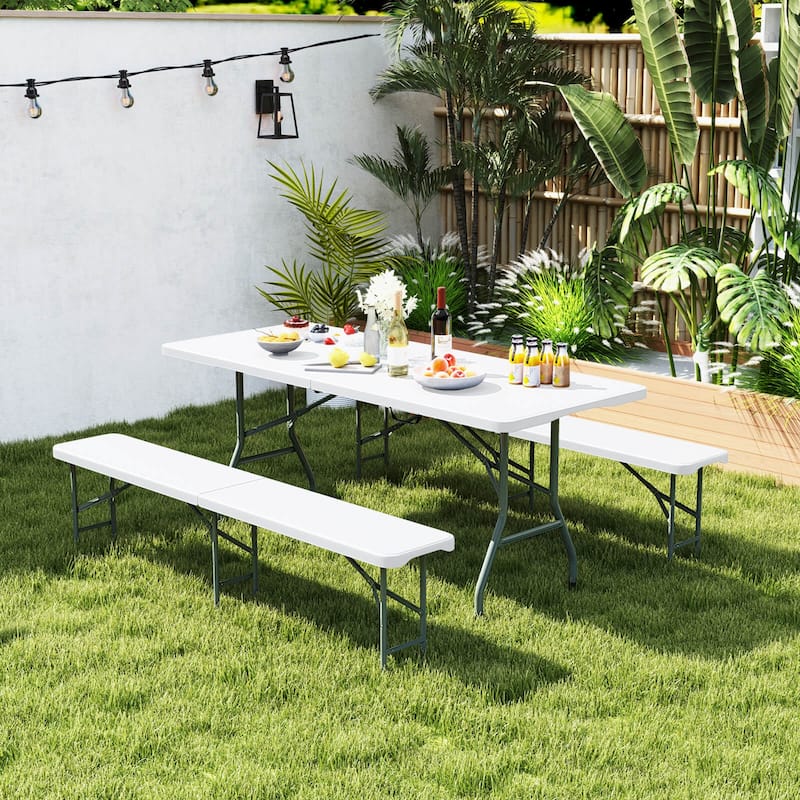 Gymax 3 PCS Folding Picnic Table Set w/ 6 ft Table & 2 Benches HDPE