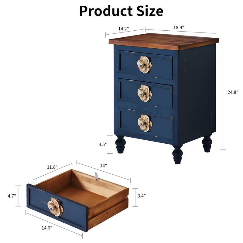 Vintage Farmhouse End Table with Floral Knobs -19"Rustic Nightstand with 3 Drawers Gourd Legs,Bedside or Sofa Accent Table
