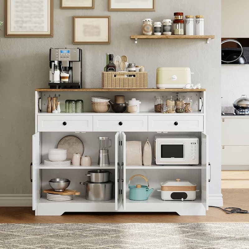 51" White Farmhouse Sideboard with Built-in Charging Station, Shelves and Drawers, White