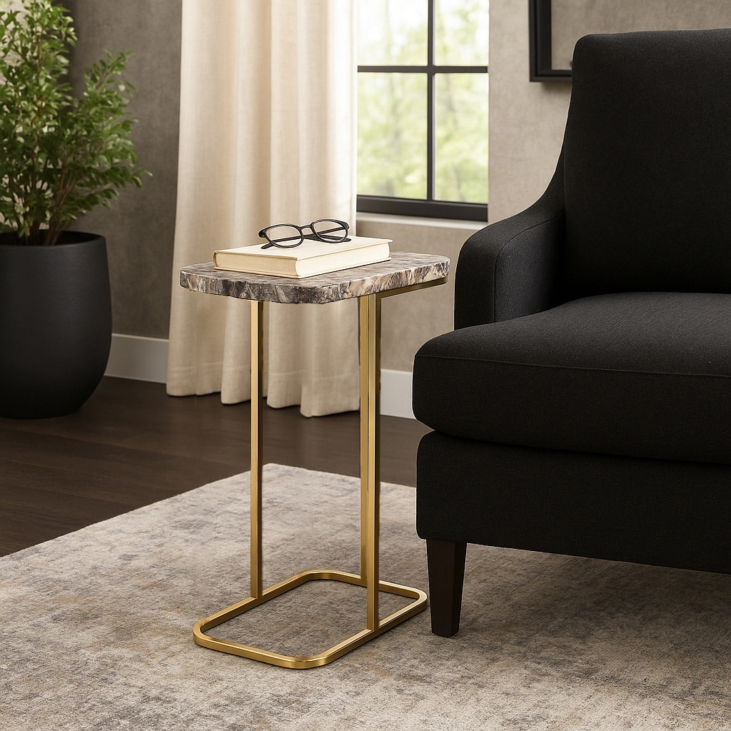 Modern Accent Table with Iron Base and Stone Top - 24", Gold & Black - 24.0"