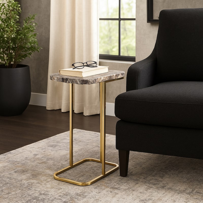 Modern Accent Table with Iron Base and Stone Top - 24", Gold & Black - 24.0" - Marble - 24.0" - Black/ Black