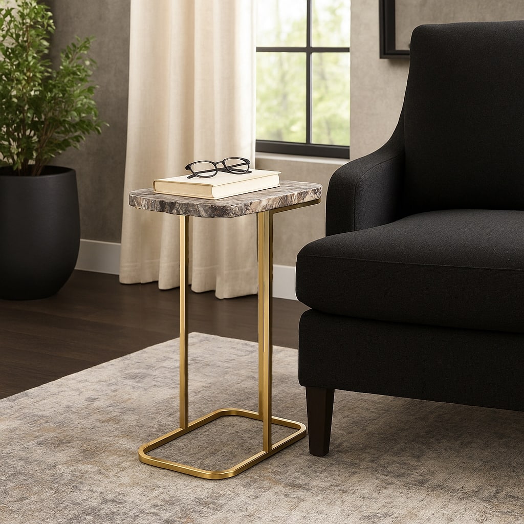 Modern Accent Table with Iron Base and Stone Top - 24", Gold & Black - 24.0"