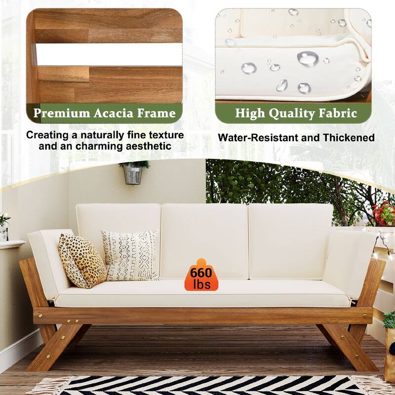 Outdoor Adjustable Patio Wooden Daybed Sofa Chaise Lounge with Cushions