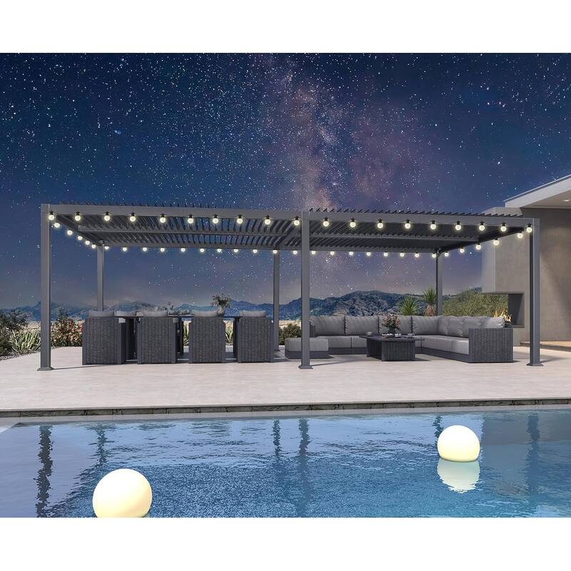 PURPLE LEAF Sun Shade Louvered Pergola with Light - Adjustable Metal Roof for Outdoor Patio - 13' x 25' - Grey(With Light)