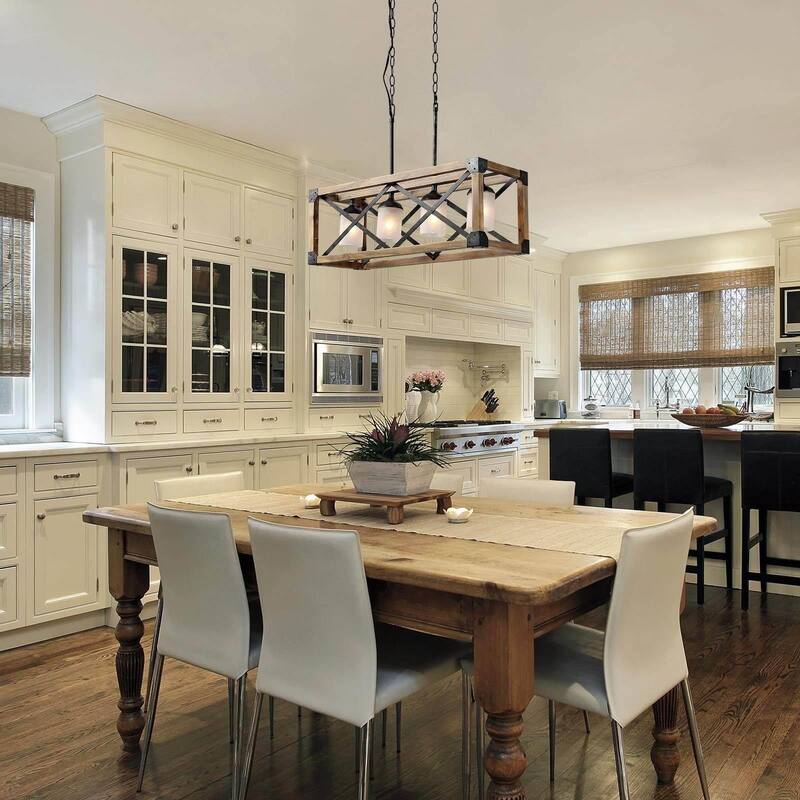 Farmhouse Wood 4-Light Linear Chandelier with Glass Shade for Kitchen Island - L27.5"xW9.8"xH9.8"