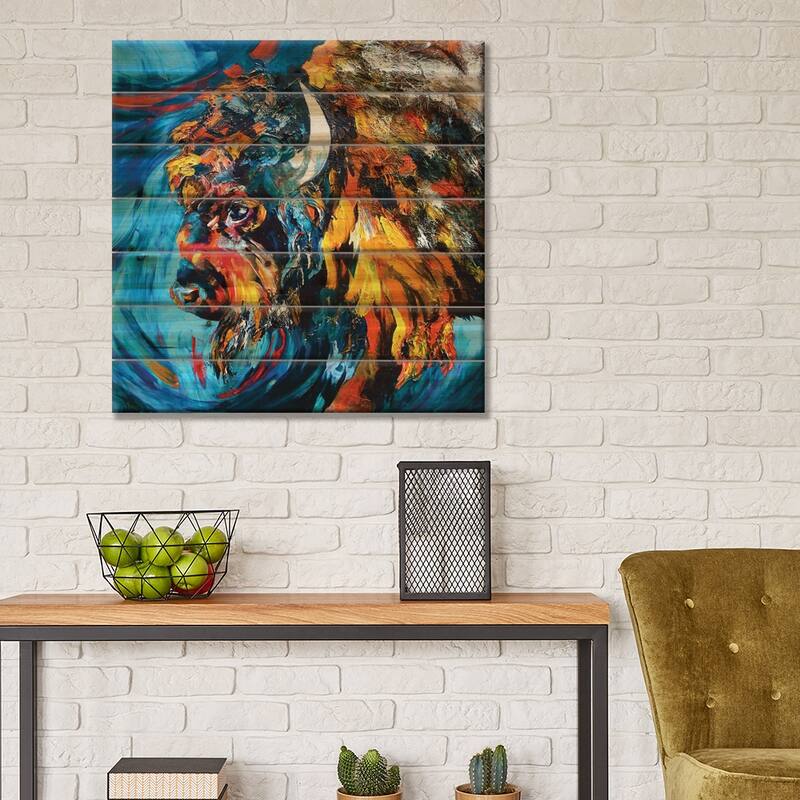 Buffalo Print On Wood by Lindsey Dahl - Multi-Color