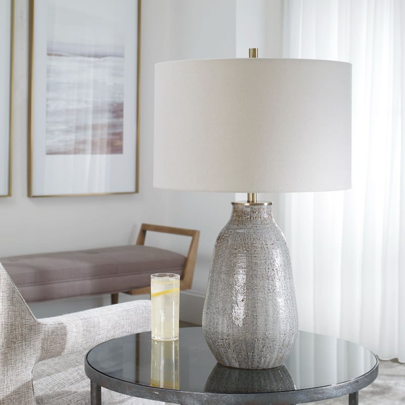 Handcrafted Ceramic Table Lamp with White Drum Shade - 25.5" - Gray and Brown