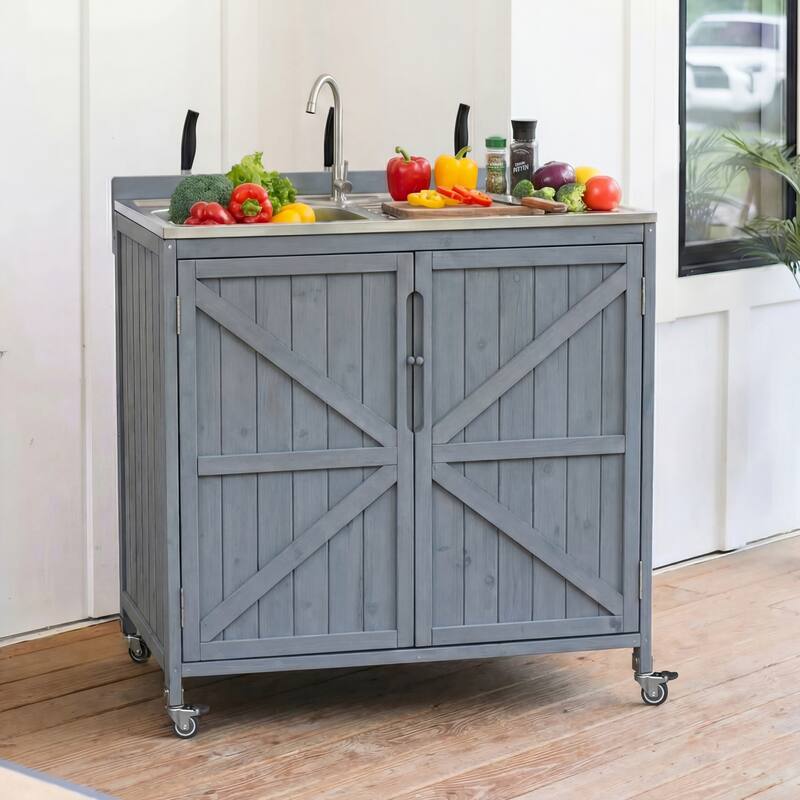 39.4" Outdoor Kitchen Island with 304 Stainless Steel Sink, Hose Hook Up & Faucet, Back Splash & 4 Wheels - Grey+Blue