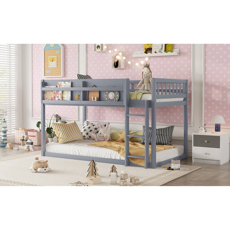 Roomfitters Twin Over Twin Bunk Bed, Low Floor Loft Platform Bed and Shelf with Wooden Frame for Bedroom
