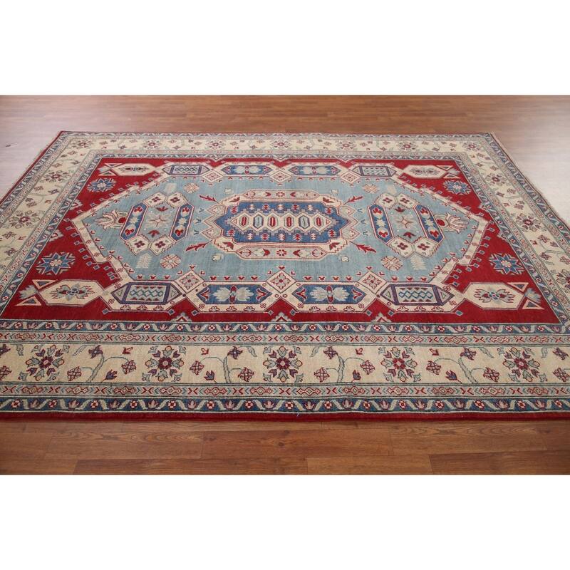 Hand Knotted Oriental 100% Wool Carpet Traditional Geometric Navy Blue & Blues Kazak Area Rug - 9' 6'' X 6' 8''