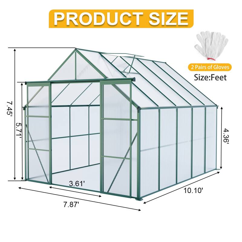 GDF Studio - Culatra Outdoor Aluminum Polycarbonate Greenhouse with Double Sliding Doors and Raised Base