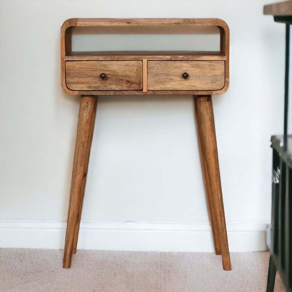 Artisan Furniture solid wood Mini Curved Oak-ish Console Table ,Beige,2 Drawers,1Shelf - N/A