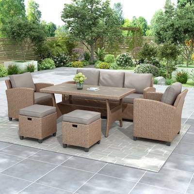 6-Piece Outdoor Rattan Wicker Set, Patio Garden Backyard Sofa, Chair, Stools & Table