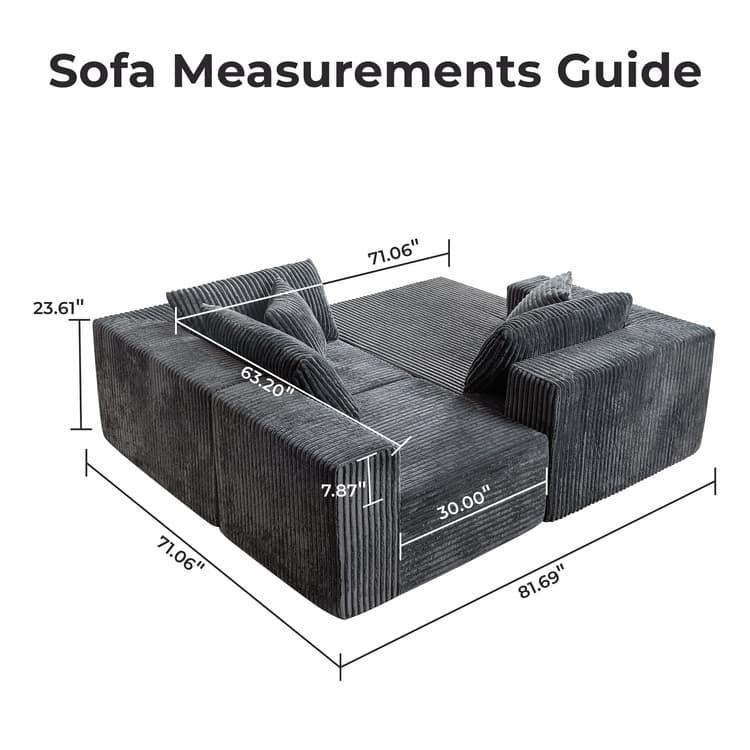 110" Modular Cloud Couch Sectional Sofa - Deep Seat Corduroy L-Shape Couch - Boneless Compressed Sofa
