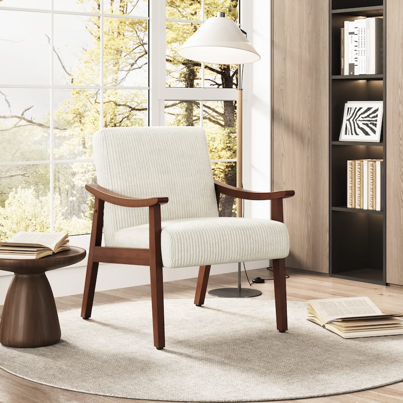 Yaheetech Mid-Century Upholstered Corduroy Fabric Armchair for Living Room, Bedroom - Beige