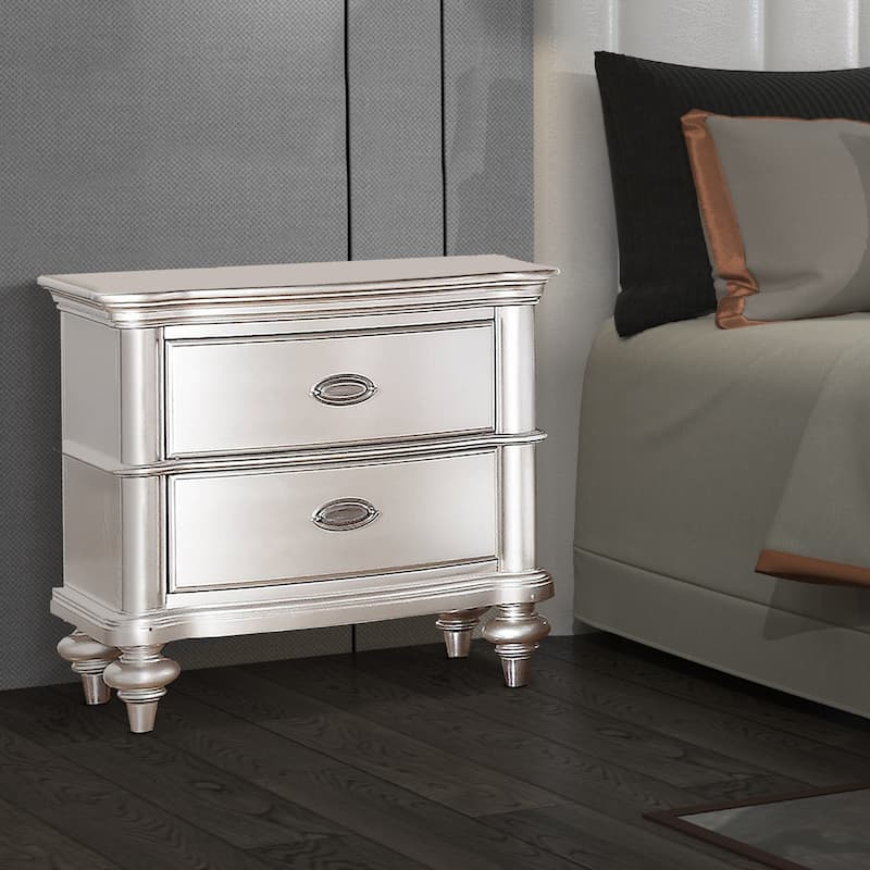 28 Inches 2 Drawer Wooden Nightstand with Turned Legs, Silver