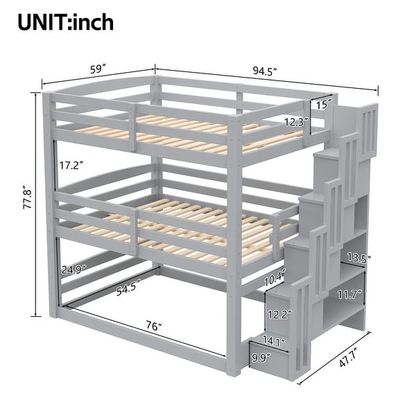dimension image slide 0 of 2, Triple Bunk Bed Twin Size Floor Bed with Storage Staircase