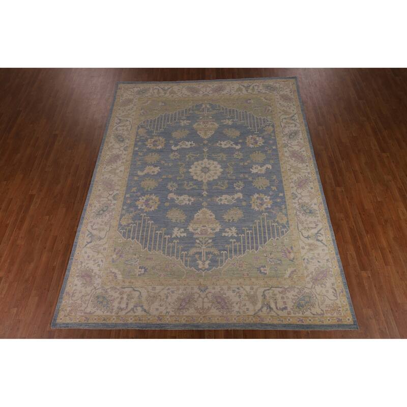 Vegetable Dye Blue Oushak Turkish Area Rug Handmade Wool Carpet - 9'0"x 11'9"