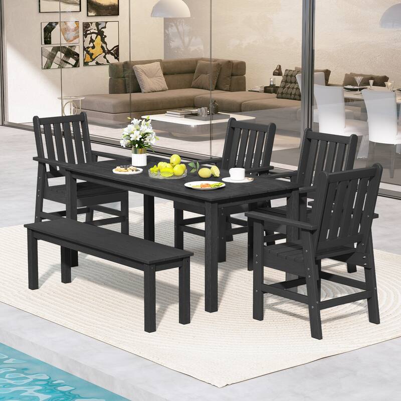 Gymax 6PCS Patio Dining Bench Set Outdoor HDPE Weather Resistant Table - Black