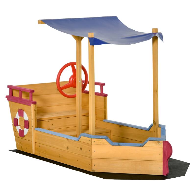 Outsunny Pirate Ship Kids Sandbox with Cover, Outdoor Wooden Sandbox Boat Toy for Backyard, Ages 3-8 Years Old