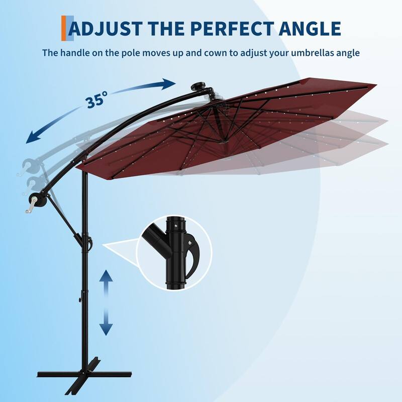 Coromose 10FT Solar Cantilever Patio Umbrella, 8 Ribs, 32 LED Lights