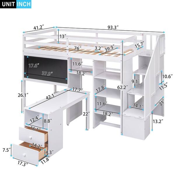 Wood Staircase Twin Size Loft Bed w/Pullable Desk & Storage Shelves ...
